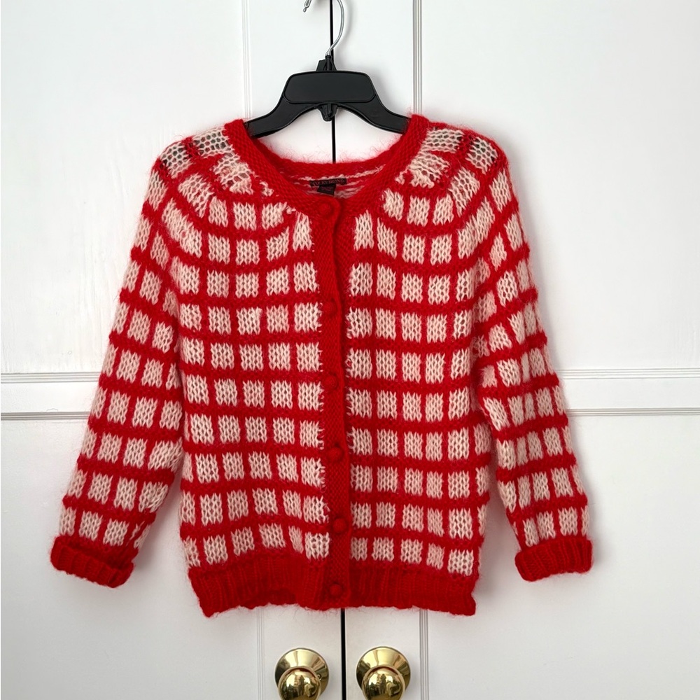 Lucky Brand NWOT Red and Cream Checkered Mohair Blend Large Cardigan